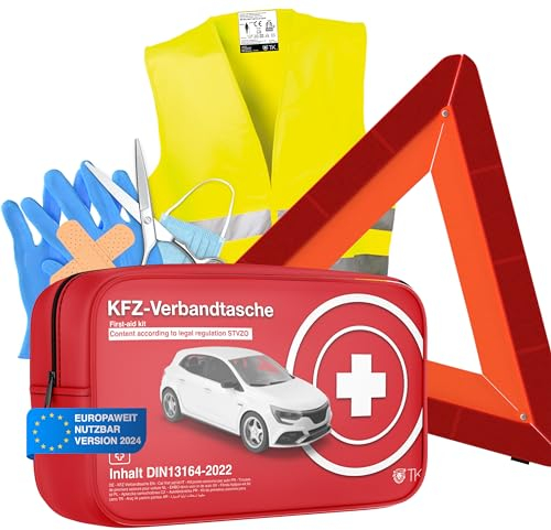 3 in 1- Set KFZ Pannenset geprüft 2025 & Autozubehör - Auto Erste Hilfe Set mit Verbandskasten & Warnweste & Warndreieck für StVO