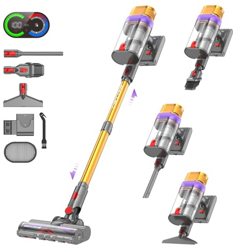 Vistefly V15 Ultra Aspiradora sin Cable, 58kPa/600W/70Mins Escoba Aspirador Potente, Doble Pantalla y Doble Depósito de Polvo Apto para Pelo de Mascotas/Alfombras/Suelos Duros