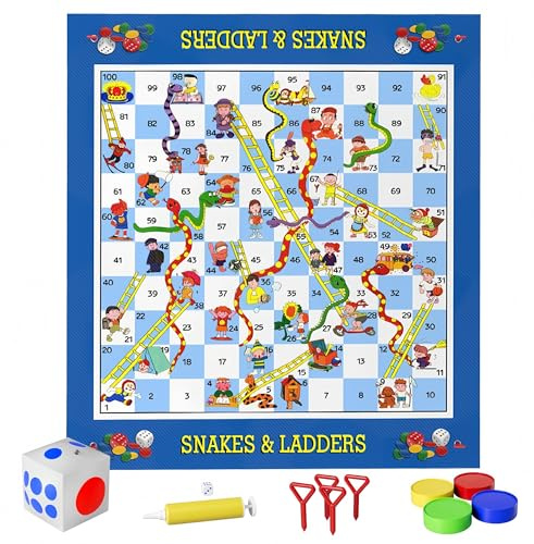 Giant Snakes and Ladders Floor Game for Kids - 5.8 ft Extra-Large Indoor Outdoor Mat with Game Pieces & Inflatable Dice, Family Night Board Game Set, Birthday Toy for 3+ Year Old Boys and Girls