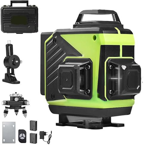 Nivel Láser Autonivelante Verde, 3D 12 Líneas, Nivelador Láser, Nivel láser de líneas cruzada 3x360, 360°Horizontales y 360°Verticales, con Soporte de Pared, 2 Baterías