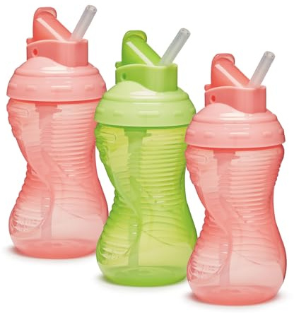 Munchkin Mighty Grip Vasos con Sorbete | Botella Entrenadora para Bebés y Niños con Sorbete |A Prueba de Fugas | Vaso de Aprendizaje desde los 12+ Meses | 296 ml | Paquete de 3 | Rosada y Verde