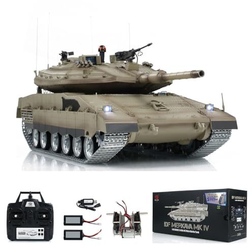 wheelfun Henglong 1/16 RC Tank IDF Merkava Mk IV 3958 Char de combat avec télécommande, roues en métal, boîte de vitesses à 360°, fumée de tourelle à 2 batteries, modèle de qualité Hobby pour