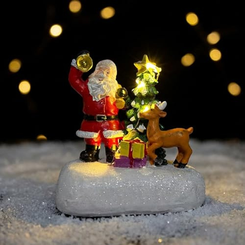 Figurita Navideña Royaya Papá Noel con Árbol Nevado Iluminado, resina pintada a mano, escena navideña con reno y regalos, adorno de invierno animado mini estatua luminosa X‑mas para decoración de mesa