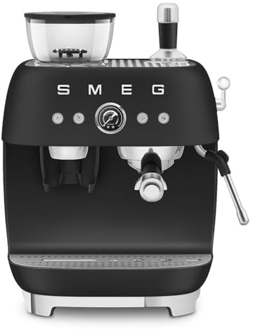 Smeg, EGF03BLMEU, macchina da caffè espresso manuale, con macinino a grana incorporato, termoblock, 4 livelli di temperatura, ugello vapore e manometro, serbatoio 1 L, dimensioni compatte, 1350 W