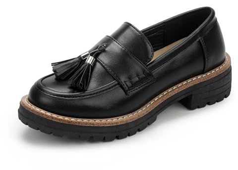 IDIFU Black Loafers Women Slip on Shoes Platform Lug Sole Chunky Penny Heeled Loafers for Women Fall Work Business Office Casual Comfortable Fashion Closed Toe Dress Shoes with Tassel(Black Pu, 9)