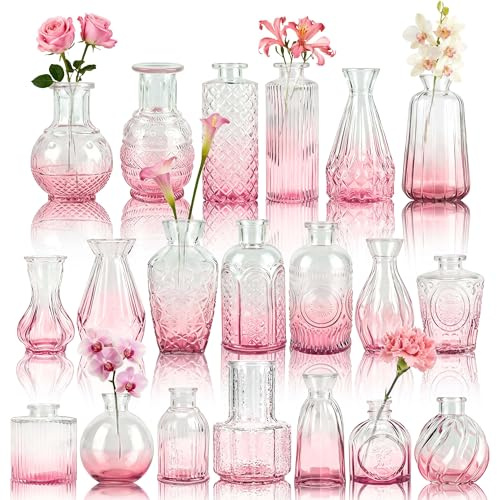 BTSD-home 20 Pack Pink Glass Bud Vases for Home Table Decorations | Flower Vases for Decor Easy Clean Glass Small Bouquet Single Stem Ready Great Value Bulk Housewarming Gift Set