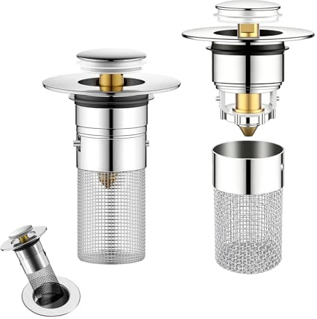 2Pcs Bathroom Sink Plugs, Pop Up Sink Plugs with Strainer, Stainless Steel No Clogging and Fast Drainage Drain Strainer, for 34-40mm Sink and Bathtub Drain Holes, Bathroom and Kitchen (Silver)
