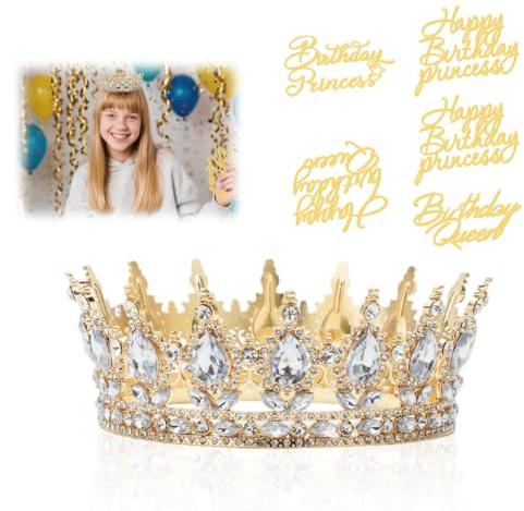 Couronne d'Anniversaire pour Femmes et Filles, Diadème Princesse Doré avec Pierres Strass Cristal, Tiara pour Mariages, Anniversaires, Carnaval, Cake Topper Joyeux Anniversaire, 15x15x5cm (Or Blanc)