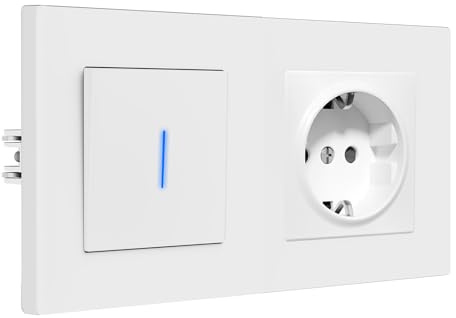 BSEED strömbrytare med uttag, 1 fack 2-vägs växelströmbrytare infälld med klor, modern strömbrytare med LED-indikatorlampa, matt PC-ram, 157 x 86 mm, vit
