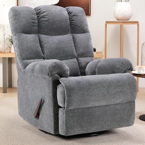 CANMOV Swivel Rocker Recliner for Adults, Glider Rocking Reclining Chair for Nursery, Manual Recliner Chair with Overstuffed Back and Arms for Living Room Bedroom Nursery, Grey