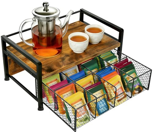 DOUBFIVSY Scatola Porta tè e Tisane con Cassetto, Organizzatore di Bustine da tè con 8 Scomparti, Porta Tisane in Legno e Metallo, Scatola Portabustine Elegante per Cucina, Contenitore per tè, caffè