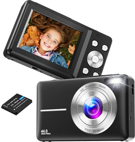 Digital Camera, Vlogging Camera Rechargeable Portable Mini Cameras FHD 1080P 44MP Compact Cameras with 16X Digital Zoom, with 1 Battery for Teens,Kids,Beginners（Black）