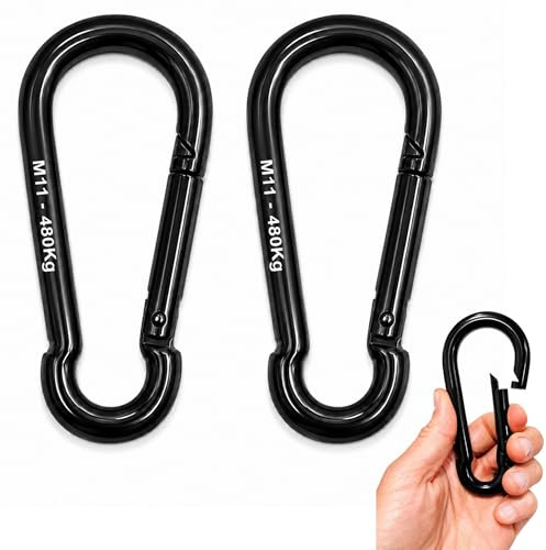 NEXAFIX Grand Mousqueton Inox Marine 120 mm Lot de 2-480 kg Noir | Gâchette à ressort auto-fermante - hamac, balançoire, voile d'ombrage, camping, sangle, laisse chien, remorque, atelier