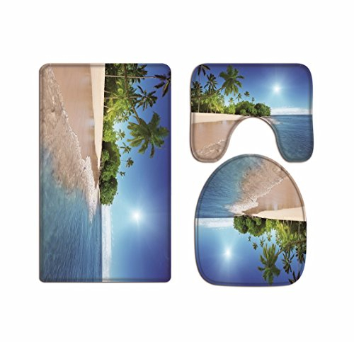 A.Monamour Badezimmer Badematte 3 Teilig Set Tropische Insel Palme Blau Ozean Strand Strand Landschaft Weich Bad Matte Teppich Flanell Saugfähig Badteppiche Badvorleger Badgarnitur WC Vorleger