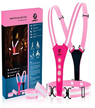 LUMEFIT Warnweste Reflektorweste Sicherheitsweste Reflektierende gelbe Laufwesten mit Armbändern High-Vis für die Sicherheit von Kindern Frauen Männern 8 helle LEDs Tag und Nacht Motorrad Radfahren