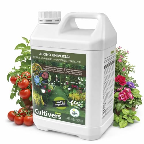 CULTIVERS 5 l flytande ekologisk universell gödselmedel. 100 % organisk och naturlig gödselmedel. NPK-lösning (4-1-7) med mikronäringsämnen (B, CU, Fe, MN, Mo och Zn) med aminosyror