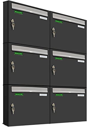 AL Briefkastensysteme Basic 6er Briefkasten RAL 7016 Anthrazit Grau/Einwurfklappe RAL 9006 Weiß Aluminium 6 Fach DIN A4 wetterfest mit Posthaltebügel und 2 Namensschildern