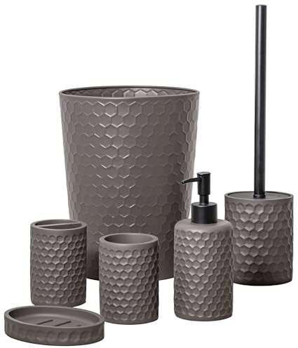 ZCCZ Juego de 6 Piezas de Accesorios de Baño Gris Cálido con Soporte de Cepillo de Dientes, Dispensador de Jabón, Bandeja de Bajón, Cubo Basura, Vaso de Baño y Escobilla, Juego de Baño Completo