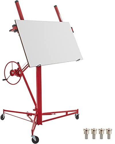 VEVOR Drywall Rolling Lifter Panel, 11ft Sheetrock Lift Drywall Lift, 150lb Weight Capacity Panel Hoist Jack Tool, Steel Material w/Telescopic Arm & 3 Lockable Wheels, 48x192 in Plasterboard Size, Red