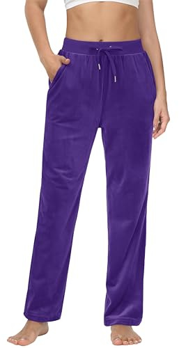 MAGCOMSEN Women's Elastic Waist Sweatpants Velour Soft Cozy Pants Straight Leg Casual Joggers with Pockets Purple M