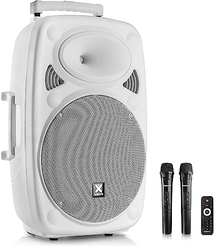 Vonyx Verve46 - Altavoz portátil autoamplificado de 1000W con batería, Bluetooth, subwoofer de 15, Reproductor USB/SD/MP3, Entrada AUX, 2 micrófonos UHF, Karaoke y Mando a Distancia, Color Blanco