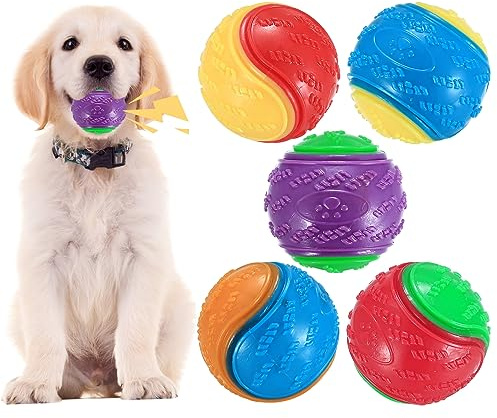 Cbofeixg Squeaky Dog Balls, 5 Pcs Dog Teeth Cleaning Puppy Chew Pet Training Interactive Balls, Indestructible Dog Toys Balls for Playing, Training, Interacting, Boredom