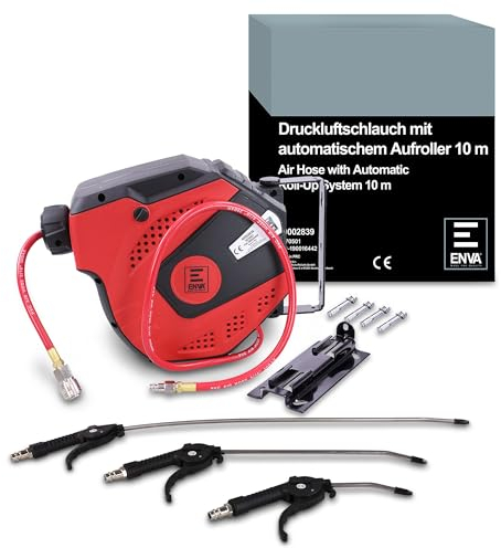 ENVA Druckluft Ausblaspistolen Set 3TLG. + Automatischer Aufroller 10M Druckluftpistole Druckluftschlauch mit Aufroller effektive Reinigung in der Werkstatt