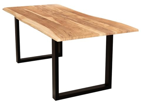 Liadomo Esstisch 180x90 Isa Natur, Baumkantentisch, Akazie Massivholz Tisch, 26mm Tischplatte Lackiert, Robust & Pflegeleicht, Unikat, U-Gestell Metall schwarz