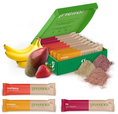 GREENORA Smoothie Vegano Fruta Liofilizada Polvo 100% Natural. Deshidratada. Fresa Manzana Jengibre Mango Remolacha. Sin Azúcar Añadido 9x24g