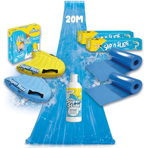 Slipn'Slide 20 Metros Pack XXL | 2 Slip and Slide de 10 Metros + 2 Bodyboards para Deslizarse Mejor + 1 Litro de Jabón Natural Extra-Resbaladizo | Juego de Agua Niños y Adultos | OriginalCup