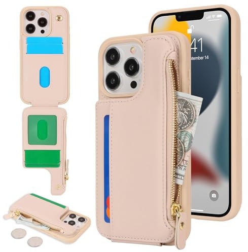 SailorTech för iPhone 13 Pro telefonfodral med kreditkortshållare för män, iPhone 13 Pro-fodral med kreditkortsfack, plånbok med dragkedja för kvinnor – aprikos