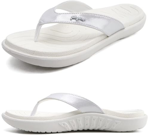 jiajiale Flip Flops Kvinnor Mode Sommar Ortopediska Bekväma Läder Bågstöd Fotbädd Flip Flop Dusch Strand Pool Öppen Hav Lätt Elegant Halkfria Tofflor Gummi Sulor, Vit, 41 EU