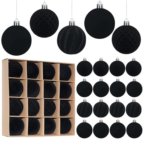 Miaikoe 16 Stück Samt Weihnachtskugeln hängende Ornamente Set, vorgebunden zerstörungsdicht Plastik Flocked Weihnachtskugeln Weihnachtsdekorationen Festival Feiertag Party Dekor (schwarz, 6CM)