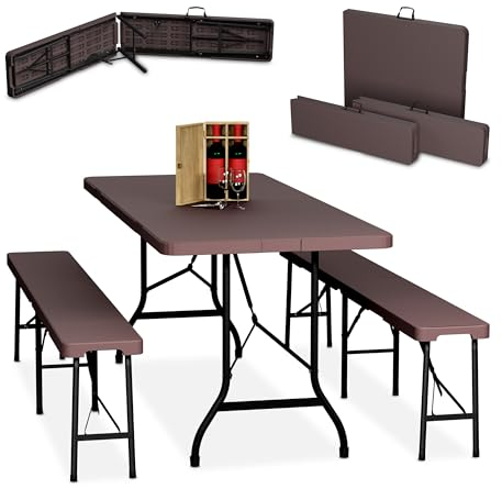 Relaxdays Bierzeltgarnitur klappbar, 3-TLG. Bierbank Set mit großem Tisch, für Garten, Festzeltgarnitur, 180 cm, braun