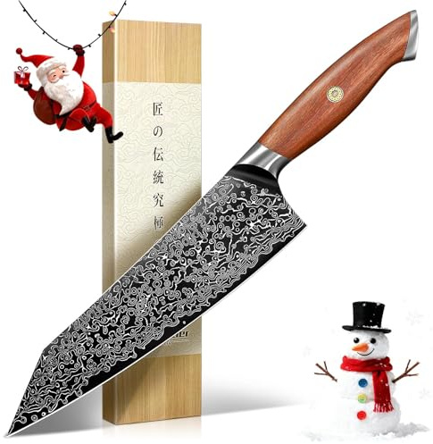 Freelander Couteau Japonais Kiritsuke en Acier VG10 avec Motif Damas, Couteau de Chef Professionnel Ultra-Tranchant avec Manche en Bois Ergonomique, Idéal pour Viande, Poisson et Légumes, Livré en Co
