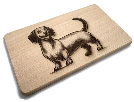 eXODA Dackel Frühstücksbrettchen aus Buchenholz 22 x 12 x 1 cm hellbraun mit witzigem Dackel-Motiv langlebig hitzebeständig geeignetes Geschenk für Dachshund-Fans