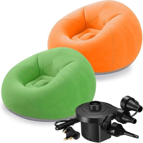 MSYU 2 Pcs Inflatable Bean Bag Chairs with Electric Air Pump, Portable Blow Up Sofa for Adults, Comfortable Lazy Couch for Camping, Gaming, Reading & Living Room (Orange, Green)