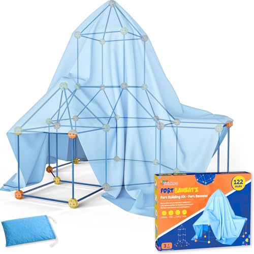 Fort Bausatz XL + Erweiterungspaket, 122-teiliges Konstruktionsspielzeug für Kinder, Höhle bauen Set mit 76 Stäben & 46 Steckbällen, 2 Decken, 12 Clips, Indoor/Outdoor Spielzelt, inkl. Tasche & E-Book