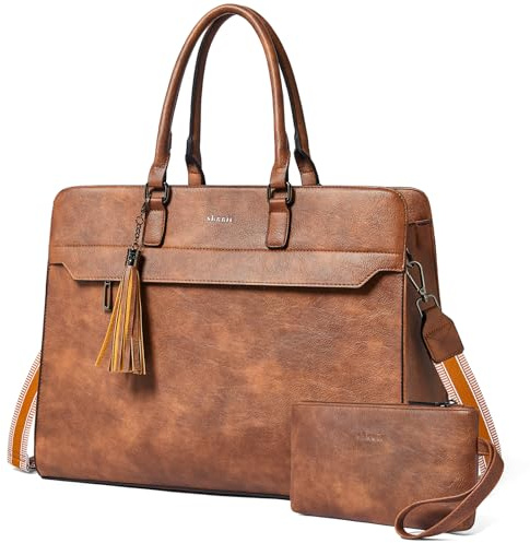 Shrrie Bolsa para laptop de 15.6 pulgadas para mujer, resistente al agua, bolsa de trabajo para laptop, maletín con cartera, Marrón bicolor, Large