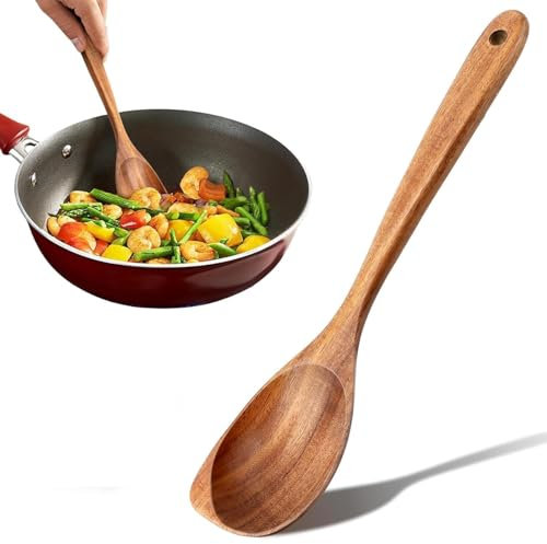Wooden Non-Stick Spoons - 32.5cm Long Handle, Big Stirring Corner Spoons, Heat Resistant Wooden Cooking Utensils
