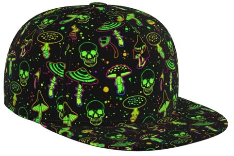 Bright Mushrooms and Skulls Snapback Hat for Men Women, Stylish Mushroom Flat Bill Hat Baseball Caps Adjustable Flat Brim Hip Hop Trucker Hats Sun Cap