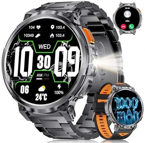 LIGE Smartwatch Herren mit 1000mAh（40+Ultralange Standby Zeit）, 1.85 HD AMOLED Smart Watch Militär mit Telefonfunktion/IP68 Wasserdicht/120+Sport Modus/Schlaf Überwachung/, Android iOS(2 Riemen)