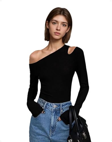EMOTTOS Top Y2K pour Femmes, Chemises Sexy asymétriques à épaules dénudées, Encolure asymétrique, Manches Longues, Coupe ajustée, t-Shirt Extensible à Une épaule Haut pour Femmes, Noir, L
