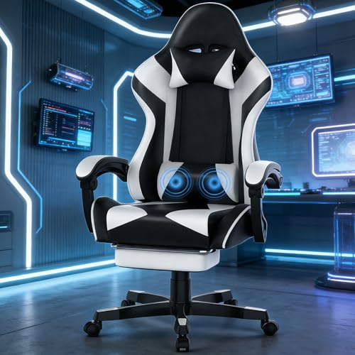 Soontrans Sedia Gaming Massaggiante, Sedia da Gaming Ergonomica con Tappetino per il Mouse, Poggiatesta, Poggiapiedi, Pelle Sintetica, Regolabile in Altezza, Braccioli Imbottiti (Bianco e nero)