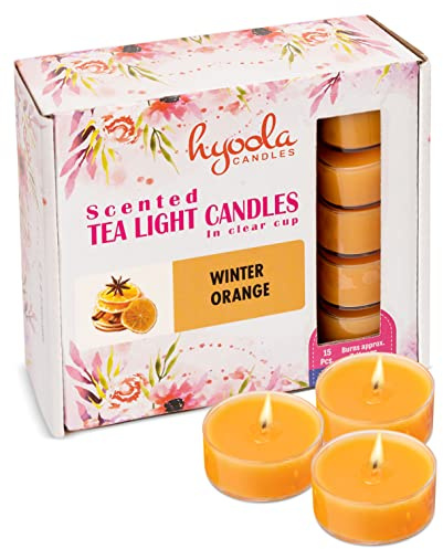HYOOLA Scented Tealight Candles - Clear Cup - Winter Orange Tealight Candles Scented - 6 Hour Burn Time - 15 Pack - European Made