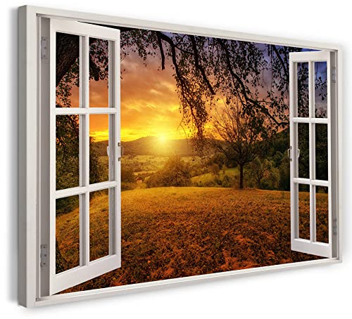 Print on Canvas (120x80 cm) view from the window - field sunset nature tree - nature photography, real wood frame with hook