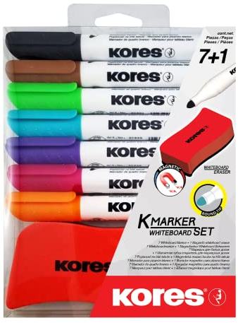 Kores - K-Marker XW1: farbige Whiteboard-Marker mit Rundspitze, trocken abwischbar und geruchsarmer Tinte, Schul- und Bürobedarf, Set mit 7 verschiedenen Farben und 1 Magnetradierer