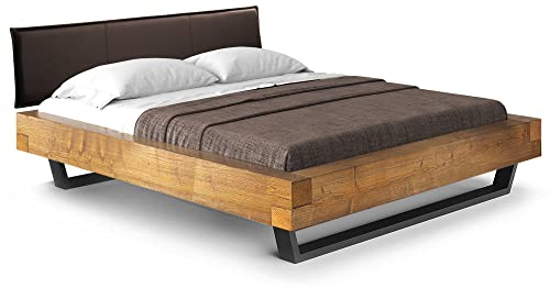 moebel-eins CURBY Balkenbett mit Polster-Kopfteil, Kufenfuß, Material Massivholz, 160 x 200 cm, Vintage, Kunstleder Braun