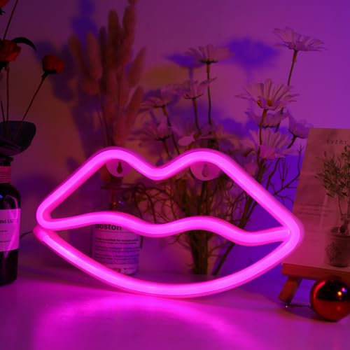 DWOOKE Lip Neon Sign Pink Neon Lights Lip Neon Light Battery/USB Powered Neon LED Signs for Wall Decor Lips Neon Signs for Girls Bedroom Light up Neon Light Sign for Wedding Party Bar Christmas
