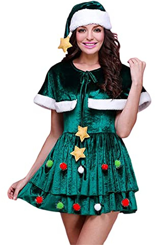 PDYLZWZY Costume da albero di Natale da donna a maniche corte, vestito verde albero di Natale con cappello, divertente vestito natalizio (verde, XL)